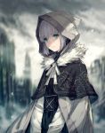  1girl absurdres aqua_eyes bangs black_capelet black_dress blurry blurry_background cape capelet closed_mouth clouds cloudy_sky depth_of_field dress eyebrows_visible_through_hair fate_(series) fur_trim gray_(lord_el-melloi_ii) grey_cape highres hood hood_up kusano_shinta long_sleeves looking_at_viewer lord_el-melloi_ii_case_files outdoors ribbon shaded_face short_hair silver_hair sky solo upper_body white_ribbon white_sleeves 