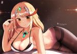  1girl bangs bed blonde_hair bra breasts chinchongcha cleavage_cutout earrings gem headpiece highres mythra_(xenoblade) jewelry large_breasts long_hair looking_at_viewer nintendo pantyhose simple_background smile solo swept_bangs thigh_strap tiara underwear xenoblade_(series) xenoblade_2 yellow_eyes 