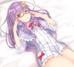  1girl bed bespectacled blue_bow bow bowtie capelet collar commentary_request crescent crescent_hair_ornament dress_bow eyebrows_visible_through_hair glasses hair_bow hair_ornament kokuto_(kurousagi1210) long_hair looking_at_viewer lying no_hat no_headwear on_back patchouli_knowledge pillow purple_hair red-framed_eyewear red_bow red_neckwear solo thighs touhou very_long_hair violet_eyes wide_sleeves 