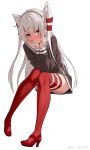  1girl amatsukaze_(kantai_collection) artist_name blush brown_eyes closed_mouth dress eyebrows_visible_through_hair full_body grey_hair hair_ribbon hands_on_own_cheeks hands_on_own_face high_heels highres kantai_collection knees_together_feet_apart long_hair red_legwear ribbon sailor_dress short_dress simple_background sitting solo takanashi_kei_(hitsujikan) thigh-highs two_side_up white_background 