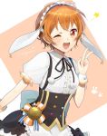  :d animal_ears bang_dream! collarbone cosplay gochuumon_wa_usagi_desu_ka? harusawa kirima_sharo kirima_sharo_(cosplay) kitazawa_hagumi looking_at_viewer maid maid_headdress one_eye_closed open_mouth orange_background orange_eyes orange_hair short_hair simple_background smile v waitress wrist_cuffs 