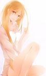  1girl :d asuna_(sao) between_legs blonde_hair breasts brown_eyes cleavage collarbone collared_shirt dress_shirt eyebrows_visible_through_hair gluteal_fold hair_between_eyes hand_between_legs long_hair looking_at_viewer medium_breasts naked_shirt open_mouth shirt simple_background sitting smile solo sword_art_online tsukimori_usako very_long_hair white_background white_shirt wing_collar 