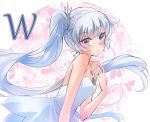  1girl bare_shoulders blue_eyes dress earrings highres iesupa jewelry long_hair necklace pendant ponytail rwby scar scar_across_eye side_ponytail solo strapless strapless_dress tiara weiss_schnee white_dress white_hair 