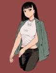  1girl bangs black_hair black_pants brown_eyes cropped_legs dende_(dndn222) earrings expressionless green_jacket highres jacket jacket_on_shoulders jewelry midriff necklace original pants red_background shirt simple_background solo white_shirt 