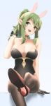  1girl :d animal_ears bare_shoulders black_gloves blue_background blush breasts brown_legwear chiki choker cleavage commentary english_commentary fake_animal_ears fire_emblem fire_emblem:_mystery_of_the_emblem foreshortening gloves green_eyes green_hair half_gloves hand_up high_heels highres large_breasts leotard nintendo open_mouth pantyhose pointy_ears ponytail rabbit_ears sidelocks simple_background skeptycally smile solo 