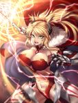  1girl alternate_breast_size alternate_costume armor attack bangs bikini bikini_armor blonde_hair blurry breasts cape cleavage collarbone commentary_request detached_collar detached_sleeves electricity eyebrows_visible_through_hair fang fate/grand_order fate_(series) faulds fur-trimmed_cape fur_trim gauntlets glowing glowing_weapon green_eyes hair_between_eyes hair_ornament hair_scrunchie hand_up highres holding holding_lance holding_weapon horns lance large_breasts legs_apart long_hair looking_at_viewer mordred_(fate) mordred_(fate)_(all) motion_blur nasaniliu navel open_mouth polearm ponytail red_bikini red_cape red_scrunchie scrunchie shiny shiny_hair sidelocks solo standing stomach swimsuit tsurime v-shaped_eyebrows weapon 