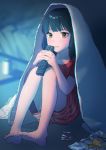  1girl absurdres bag_of_chips barefoot black_hair blanket blue_background blurry blurry_background blush brown_eyes controller highres indoors knees_up looking_at_viewer medium_hair open_mouth original red_shorts red_skirt remote_control senbei_no_kakera short_sleeves shorts sitting skirt solo striped striped_shorts 