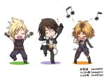 3boys armor blonde_hair blue_eyes boots brown_hair buster_sword closed_eyes cloud_strife dancing detached_sleeves earrings everyone final_fantasy final_fantasy_vii final_fantasy_viii final_fantasy_x fingerless_gloves gloves gunblade huge_weapon jacket jewelry male_focus multiple_boys musical_note necklace open_mouth short_hair smile solo spiky_hair squall_leonhart sword tidus weapon 
