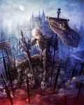  1boy animal_skull armor blood blue_eyes broken broken_wall castle closed_mouth embers flag frown gauntlets greaves highres holding holding_flag holding_sword holding_weapon liquid male_focus moon original pauldrons puddle rubble ruins senano-yu sitting skull smoke solo stepping sword tree weapon white_hair 