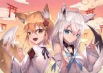  2girls :d absurdres ahoge animal_ear_fluff animal_ears blue_eyes brown_eyes brown_hair closed_mouth clouds commentary_request crossover detached_sleeves double_fox_shadow_puppet fang flower fox_ears fox_girl fox_shadow_puppet fox_tail hair_flower hair_ornament highres hololive japanese_clothes kimono long_hair long_sleeves looking_at_viewer looking_to_the_side masaki_(msk064) multiple_girls open_mouth red_flower ribbon-trimmed_sleeves ribbon_trim senko_(sewayaki_kitsune_no_senko-san) sewayaki_kitsune_no_senko-san shirakami_fubuki shirt silver_hair sleeveless sleeveless_shirt smile tail tail_raised torii upper_body very_long_hair virtual_youtuber white_kimono white_shirt wide_sleeves 