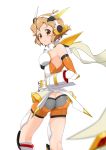  1girl ass blonde_hair blurry blush breasts chestnut_mouth depth_of_field from_behind hand_on_hip headphones kneepits scarf senki_zesshou_symphogear short_hair sideboob solo tachibana_hibiki_(symphogear) wagomugen white_background 