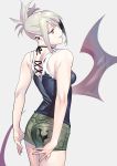  1girl absurdres back bat_wings black_tank_top cowboy_shot from_behind grey_hair henken highres looking_to_the_side original parted_lips ponytail red_eyes short_shorts shorts simple_background solo wings 