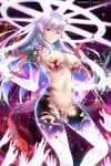  1girl armor bangs bare_shoulders bikini_armor blush breasts detached_sleeves earrings eyebrows_visible_through_hair fate/grand_order fate_(series) hair_between_eyes hair_ribbon halo hands_up jewelry kama_(fate/grand_order) large_breasts long_hair looking_at_viewer multiple_hands navel parted_lips patreon_username red_eyes red_ribbon rei_kun ribbon silver_hair smile solo stomach thigh-highs 