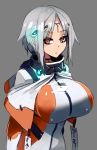  1girl absurdres bodysuit breasts capelet commentary english_commentary expressionless facial_mark forehead_mark grey_background grey_hair highres huge_breasts looking_at_viewer orange_eyes original runes short_hair simple_background skin_tight solo sub-res taut_clothes upper_body 