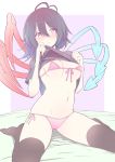  1girl absurdres antenna_hair asymmetrical_wings bangs bed_sheet bikini black_hair black_legwear black_shirt blue_wings blush border breasts commentary_request eyebrows_visible_through_hair front-tie_bikini front-tie_top hair_between_eyes highres houjuu_nue lifted_by_self looking_at_viewer navel nirap no_shoes outside_border pink_background pink_bikini pink_eyes red_wings shadow shirt shirt_lift short_hair short_sleeves shy side-tie_bikini simple_background sitting small_breasts solo stomach swimsuit thigh-highs thighs touhou wariza white_border wings 