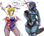  2girls ? alternate_costume american_flag animal_ears armor bare_shoulders blonde_hair blue_armor blue_hair bodysuit breasts bunny_tail bunnysuit chain_necklace cleavage clownpiece collarbone colored_eyelashes commentary_request cowboy_shot earrings elbow_gloves english_text eyeliner facial_tattoo fairy_wings fake_animal_ears fake_tail fishnet_pantyhose fishnets frown gas_mask gloves gun gun_request hairband highres jewelry large_breasts leotard long_hair looking_at_another makeup mallet medium_hair multiple_girls orange_eyes pale_skin pantyhose parted_lips power_armor purple_gloves purple_hairband rabbit_ears rebreather red_eyes ryuuichi_(f_dragon) seiran_(touhou) sharp_teeth simple_background skull skull_necklace staff sweat tail tattoo teeth thought_bubble torch_earrings touhou weapon white_background wings 