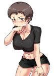  1girl bangs black_shirt black_shorts blush breasts brown_eyes brown_hair cleavage closed_mouth commentary cowboy_shot freckles frown girls_und_panzer groin hand_on_own_thigh large_breasts looking_at_viewer midriff mimuni362 naomi_(girls_und_panzer) shirt short_hair short_shorts short_sleeves shorts simple_background solo standing sweat very_short_hair white_background wiping_sweat 