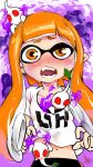  1girl 3others belly_button blush collarbone domino_mask fangs furrowed_eyebrows highres inkling leaf long_hair looking_at_viewer mask navel nintendo nintendo_ead open_mouth orange_eyes orange_hair pikmin_(creature) pikmin_(series) pointy_ears poison poisoned shirt short_sleeves signature splatoon_(series) squid_girl suction_cups super_smash_bros. sweat t-shirt teeth tentacle_hair toxic uesugi_hikaru uneven_eyes white_shirt 