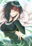  1girl absurdres bangs black_dress black_hair blush bob_cut breasts commentary_request dress fubuki_(one-punch_man) fur fur_trim green_eyes gu_li hand_on_own_face highres jacket jewelry large_breasts long_sleeves looking_at_viewer necklace one-punch_man short_hair solo teeth white_jacket 