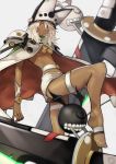  1girl 55level belt beltbra breasts dark_skin grey_hair guilty_gear guilty_gear_xrd hat highres long_hair medium_breasts orange_eyes ramlethal_valentine short_shorts shorts small_breasts solo thigh_strap under_boob yellow_eyes 