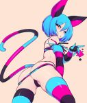  1girl animal_ears ass black_choker black_panties blue_eyes blue_hair choker elbow_gloves eyebrows_visible_through_hair gloves hair_between_eyes heterochromia highres looking_at_viewer original panties red_eyes short_hair simple_background slugbox solo striped striped_gloves striped_legwear striped_tail tail thigh-highs underwear vomi_agogo 