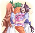  2girls animal_ears braid brown_hair carrot commentary_request ear_covers french_braid green_eyes hairband horse_ears horse_girl horse_tail long_hair multicolored_hair multiple_girls open_mouth orange_hair pillow school_uniform short_hair silence_suzuka simple_background smile special_week tail tonpuu two-tone_hair umamusume violet_eyes white_background 