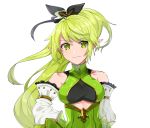  1girl absurdres anemos_(elsword) breasts collarbone detached_sleeves earrings elf elsword eyebrows_visible_through_hair highres i_lov2_gacha jewelry long_hair pointy_ears rena_erindel ribbon side_ponytail smile under_boob 