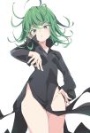  1girl :o black_dress curly_hair dress eyebrows_visible_through_hair green_eyes green_hair groin ixy long_sleeves looking_at_viewer no_panties one-punch_man short_hair simple_background solo tatsumaki thighs white_background 