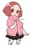  1girl :o blush brown_eyes brown_hair commentary do_m_kaeru floral_print okumura_haru open_mouth pantyhose persona persona_5 pink_sweater plaid plaid_skirt ribbed_sweater school_uniform short_hair shuujin_academy_uniform skirt solo sweater twitter_username white_legwear 