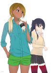  2girls arm_up bangs black_eyes black_hair black_shorts blonde_hair blue_shirt blunt_bangs bow cowboy_shot cup dark_skin disposable_cup drinking_straw earrings eyebrows_visible_through_hair gradient_hair green_shorts gyaru hair_bow half_updo hand_in_pocket hand_on_own_chin head_tilt highres holding holding_cup idolmaster idolmaster_shiny_colors izumi_mei jewelry lace-trimmed_shorts long_hair long_sleeves looking_to_the_side low_twintails mayuzumi_fuyuko multicolored_hair multiple_girls pantyhose red_legwear shirt shirt_under_sweater shorts simple_background sleeves_rolled_up standing striped sweater swept_bangs t7s-kuroro tan_sweater twintails twitter_username untucked_shirt vertical-striped_shorts vertical_stripes white_background white_shirt 