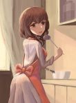  1girl apron brown_eyes brown_hair curtains dress holding_ladle indoors ladle long_sleeves looking_at_viewer modothirly original pot solo standing white_dress 