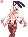  1girl animal_ears artist_logo ass black_leotard blonde_hair blush bow bowtie brown_legwear bunny_tail bunnysuit commentary_request cowboy_shot dated detached_collar from_behind grey_eyes highres kanon_(kurogane_knights) kantai_collection leotard long_hair looking_at_viewer looking_back pantyhose rabbit_ears shimakaze_(kantai_collection) simple_background solo strapless strapless_leotard tail white_background wrist_cuffs 