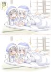  2girls :o akatsuki_(kantai_collection) alternate_costume barefoot black_hair blush book comic expressionless fujishima_shinnosuke futon grey_eyes hands_on_own_cheeks hands_on_own_face hat hibiki_(kantai_collection) highres kantai_collection long_hair lying multiple_girls nightcap nightgown on_stomach open_mouth pajamas reading sigh silver_hair sparkle speech_bubble translation_request under_covers violet_eyes 