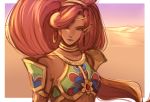  1girl bangs bare_shoulders big_hair blue_lipstick breastplate circlet dark_skin desert earrings forehead_jewel gerudo green_eyes hair_over_one_eye hoop_earrings jewelry lipstick long_hair makeup neck_ring nintendo redhead shoulder_armor solo spaulders the_legend_of_zelda the_legend_of_zelda:_breath_of_the_wild tsukiyumi tsurime urbosa very_long_hair 