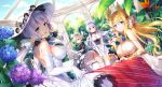  4girls :d absurdres alcohol anniversary apron azur_lane bangs bare_shoulders belfast_(azur_lane) bell bird_of_paradise black_dress blonde_hair blue_eyes blue_flower blue_rose blue_sky blurry blurry_foreground braid breasts broken broken_chain brown_eyes chain chains chair champagne champagne_flute cleavage closed_mouth clouds cup day depth_of_field dress drinking_glass dutch_angle elbow_gloves erect_nipples eyebrows_visible_through_hair floating_hair flower frilled_apron frills garter_straps gloves hair_between_eyes hair_ornament hair_over_one_eye hairclip hat highres holding holding_cup hydrangea illustrious_(azur_lane) juliet_sleeves large_breasts laurel_crown light_brown_hair long_hair long_sleeves looking_at_viewer looking_back maid maid_headdress mole mole_under_eye multiple_girls open_mouth orange_flower outdoors panties puffy_sleeves purple_flower rose sheffield_(azur_lane) short_hair silver15 silver_hair sky sleeveless sleeveless_dress smile source_request strapless strapless_dress table teacup teapot thigh-highs tree underwear v-shaped_eyebrows very_long_hair victorious_(azur_lane) waist_apron white_apron white_dress white_gloves white_headwear white_legwear white_panties 