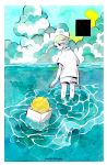  1girl artist_name box clouds cloudy_sky from_behind horizon looking_back maruti_bitamin moon original outdoors partially_submerged rectangle ripples shirt short_sleeves shorts sky solo white_shirt white_shorts 