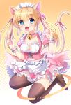  1girl animal_ear_fluff animal_ears apron bangs bell bell_choker blonde_hair blue_eyes blush breasts brown_footwear brown_legwear cat_ears cat_girl cat_tail choker cleavage cleavage_cutout collarbone commentary_request eyebrows_visible_through_hair fang frilled_apron frilled_skirt frills full_body hair_between_eyes hair_ribbon halftone halftone_background heart_cutout highres jingle_bell loafers long_hair looking_at_viewer maid maid_headdress medium_breasts open_mouth original pink_choker pink_shirt pink_skirt pleated_skirt puffy_short_sleeves puffy_sleeves red_ribbon ribbon romaji_text shirt shoes short_sleeves skirt solo tail tail_raised tail_ribbon thigh-highs twintails umitonakai waist_apron white_apron 