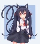 1girl animal_ears ascot bangs black_hair black_skirt blue_background blush breasts cat_ears cat_girl cat_tail chisuzu_mei collared_shirt commentary_request eyebrows_visible_through_hair fangs forked_tail hair_between_eyes hair_ribbon hand_up high-waist_skirt highres long_hair long_sleeves looking_at_viewer medium_breasts nagato-chan open_mouth paryi_project paw_pose red_eyes red_neckwear red_ribbon ribbon shirt skirt solo tail tail_raised two-tone_background very_long_hair virtual_youtuber white_shirt 