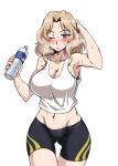  1girl arm_behind_head arm_up bike_shorts black_shorts blonde_hair blue_eyes blush bottle breasts cleavage closed_eyes commentary cowboy_shot eyebrows_visible_through_hair frown girls_und_panzer gluteal_fold groin hair_intakes holding holding_bottle kay_(girls_und_panzer) large_breasts long_hair looking_at_viewer midriff mimuni362 navel one_eye_closed parted_lips print_shorts shirt shorts simple_background skindentation solo standing sweat tank_top thigh_gap water_bottle white_background white_shirt 