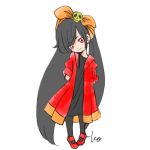 1girl ashley_(warioware) black_hair black_legwear black_skirt hair_ribbon head_tilt long_hair looking_at_viewer red_eyes red_footwear red_hoodie ribbon skirt skull smile takeuchi_kou twintails warioware