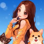  1girl :p animal artist_name bare_shoulders blush borrowed_character breasts brown_eyes brown_hair commentary commission dog english_commentary finger_to_cheek forehead from_side hood hood_down hyanna-natsu index_finger_raised long_hair long_sleeves looking_at_viewer looking_to_the_side medium_breasts original parted_lips shoulder_cutout smile solo tongue tongue_out upper_body welsh_corgi 
