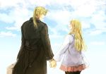  1boy 1girl 2019 :d ^_^ arm_at_side blonde_hair blue_sky blush brown_coat closed_eyes closed_eyes clouds cloudy_sky coat couple dated day earrings edward_elric fullmetal_alchemist hand_holding happy height_difference hetero jacket jewelry looking_at_another open_mouth outdoors pink_shirt ponytail profile shirt sky smile suitcase tsukuda0310 upper_body white_jacket winry_rockbell yellow_eyes 