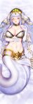  1girl bangs bare_shoulders blunt_bangs blush breasts bridal_veil cleavage closed_eyes collarbone echidna_(granblue_fantasy) elbow_gloves eyebrows_visible_through_hair gloves granblue_fantasy hair_ornament highres kuro_chairo_no_neko lamia large_breasts long_hair lying monster_girl navel on_back pelvic_curtain scales silver_hair solo stomach upper_teeth veil very_long_hair white_gloves 