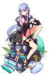  1girl assault_rifle bag bangs bare_shoulders beret black_footwear black_headwear blunt_bangs blush box breasts case character_name closed_eyes commentary_request competition_swimsuit double_bun eyebrows_visible_through_hair facial_mark g11_(girls_frontline) girls_frontline green_eyes groin gun h&amp;k_g11 hair_ornament hat high_heels highres hk416_(girls_frontline) innertube jacket knee_up large_breasts long_hair looking_at_viewer multicolored multicolored_clothes multicolored_swimsuit name_tag one-piece_swimsuit open_clothes open_jacket palm_leaf pouch ranyu rifle sandals see-through silver_hair simple_background solo swimsuit teardrop thigh_strap thighs very_long_hair weapon white_background wristband 