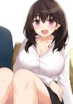  1girl :d arm_across_waist bangs black_hair black_skirt blush breasts cccpo cleavage collarbone commentary_request eyebrows_visible_through_hair highres knees_up large_breasts long_hair long_sleeves looking_at_viewer open_mouth original pillow shirt simple_background sitting skirt smile solo violet_eyes white_background white_shirt 