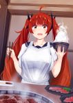  1girl ahoge alternate_costume apron azur_lane bangs blush bowl chopsticks collarbone commentary cooking eyebrows_visible_through_hair fang food grill grilling hair_ribbon highres honolulu_(azur_lane) indoors irohasu long_hair meat open_mouth redhead ribbon rice rice_bowl sailor_collar school_uniform serafuku skin_fang solo soy_sauce steam twintails very_long_hair yakiniku yellow_eyes 