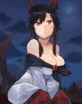  1girl :o animal_ear_fluff animal_ears bangs bare_shoulders black_hair blue_sky breasts brooch clouds collarbone commentary_request crescent_moon dress feet_out_of_frame hair_between_eyes imaizumi_kagerou jewelry kasuka_(kusuki) large_breasts long_hair long_sleeves looking_at_viewer moon mountain night night_sky off-shoulder_dress off_shoulder outdoors parted_lips red_eyes sidelocks sitting sky solo tail touhou tree white_dress wolf_ears wolf_tail 