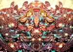  1boy armor avengers backlighting glowing glowing_eyes glowing_hand hands_together helmet highres hulkbuster iron_man iron_man_(comics) looking_at_viewer marvel meditation miwa_shirou multiple_arms outstretched_arms power_armor standing 