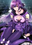  1girl bangs barefoot between_legs bodysuit breasts cape checkered checkered_floor choker cleavage collarbone fate/grand_order fate_(series) fur_collar fur_trim hand_between_legs highres long_hair looking_up nonohachi parted_lips purple_hair scathach_(fate)_(all) scathach_(fate/grand_order) sitting skin_tight solo thigh_gap violet_eyes wariza wind 