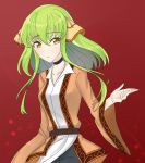  1girl alternate_costume bangs breasts c.c. code_geass collarbone conchiem69 green_hair highres jacket looking_at_viewer medium_breasts shirt simple_background solo upper_body white_shirt yellow_eyes 